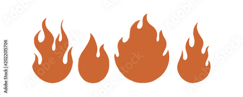 Large orange fire flame group with authentic hand drawn crayon texture. Isolated clip art design for big hot sales, spicy food banners, and energetic backdrops.