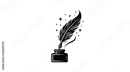 Schilderij op canvas Quill pen in inkwell vector illustration with surrounding stars, elegant black-a