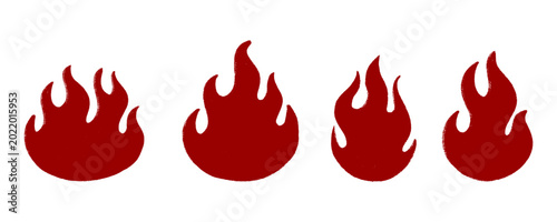 Set of four dark red fire flames with intense hand drawn gritty texture. Isolated clip art collection for extreme spicy food themes and bold graphic layouts.