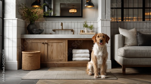 Golden retriever sitting by sink in modern bathroom interior