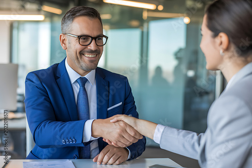 Smiling Businessman Shaking Hands with Woman in Office