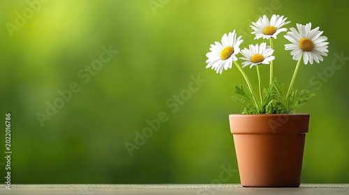 Small cluster of white daisies grows vibrantly in a terracotta container against a soft green backdrop