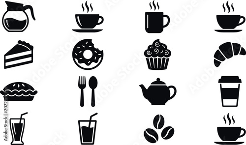 Fotografía Collection of coffee shop and bakery vector icons featuring hot drinks donut cup
