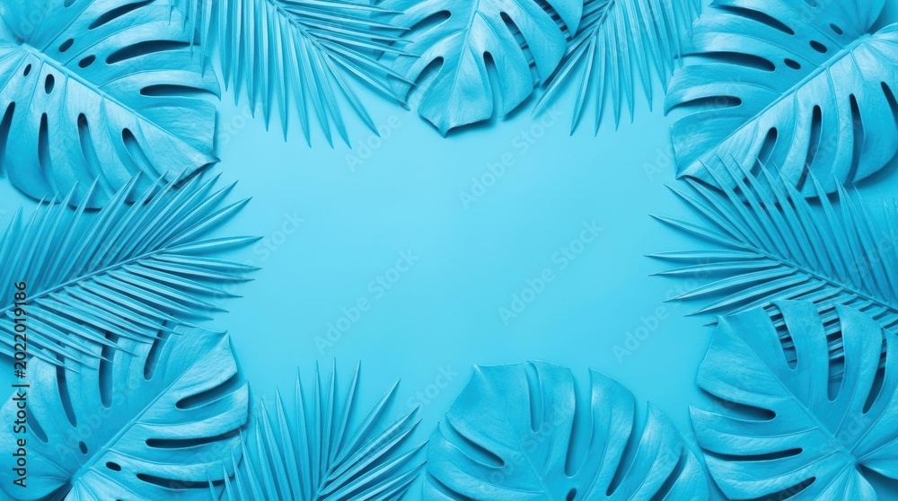 Naklejka premium Blue tropical palm and monstera leaves frame on blue background