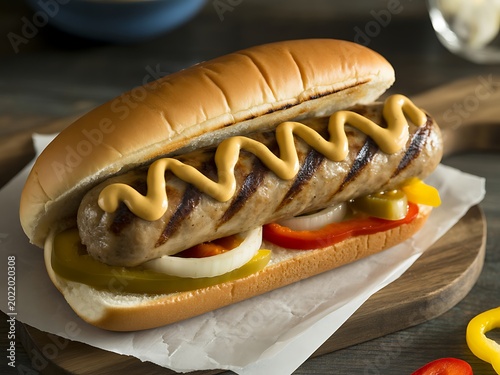 Grilled Sausage Hotdog with Mustard and Vegetables on Wooden Board