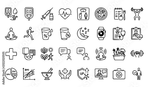 Photos Health and wellness line icon set with diabetes fitness diet and medical care ve