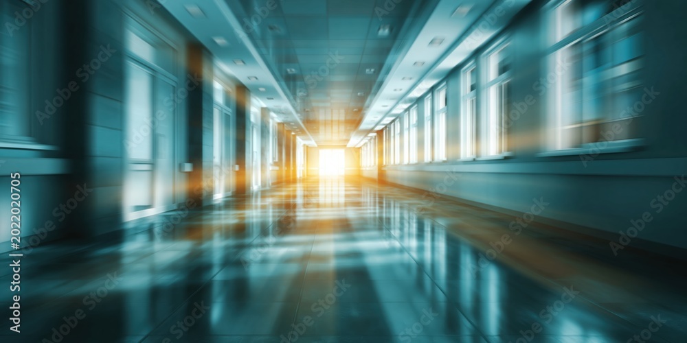 Fototapeta premium Blurry futuristic office corridor with bright light at the end, motion blur effect
