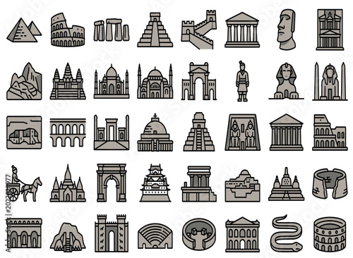 Bild auf Leinwand Professional vector icon set of forty ancient world landmarks featuring historic