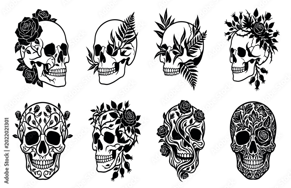 Fototapeta premium Collection of Minimalist Human Skull Silhouettes with Ornate Floral Elements Roses and Botanical Leaf Patterns in Black and White
