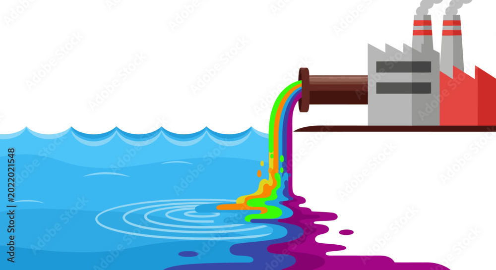 Fototapeta premium Pixel art factory dumping colorful chemical waste into the ocean