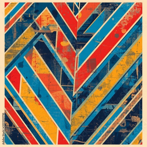 Textured geometric background featuring overlapping colorful stripes with an industrial grunge style