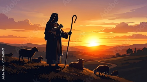 A serene shepherd stands with a lamb at sunset in a peaceful countryside landscape with rolling hills and a vibrant orange sky