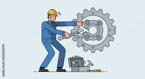 Fotografie Worker struggling to fix broken gear with wrench, illustration