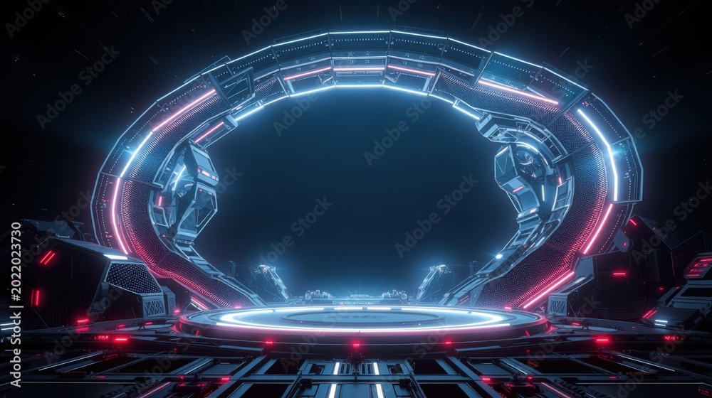 Fototapeta premium Futuristic portal dominates scene. Glowing rings, platform, dark metallic structure create dramatic effect. Intense lighting emphasizes depth.