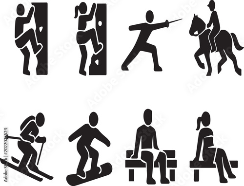 Foto Comprehensive set of black vector silhouettes featuring people engaged in diverse sports and leisure activities including rock climbing, fencing, skiing, snowboarding, and equestrianism