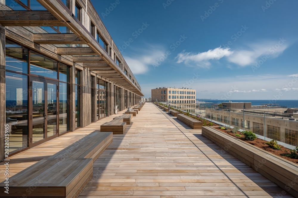 Fototapeta premium Modern wooden rooftop terrace with ocean view and contemporary building in background on sunny day