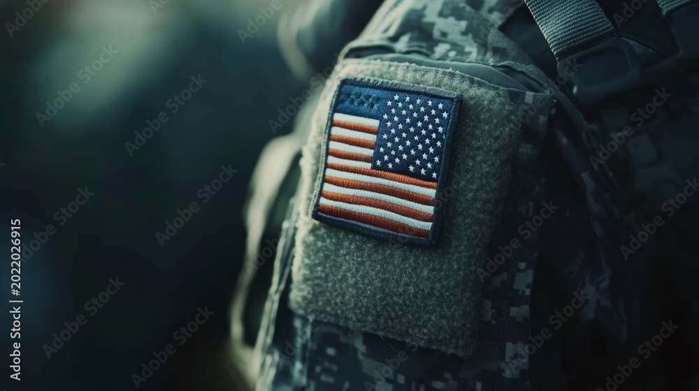 Fototapeta premium Close-up of a US flag patch on a soldier's camouflage uniform.