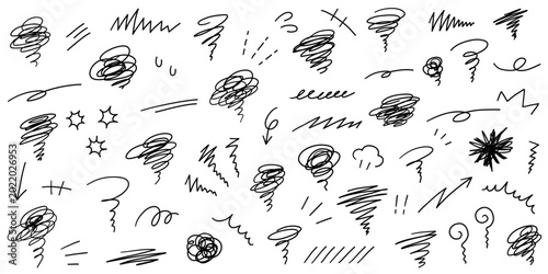 Foto 手書きの飾りイラストのベクターイラストセット。手描き、集中線、矢印、モヤモヤ、注目