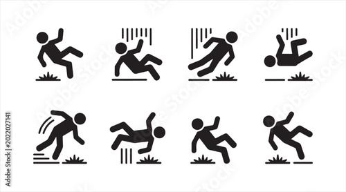 Slip and fall hazard silhouette icon set