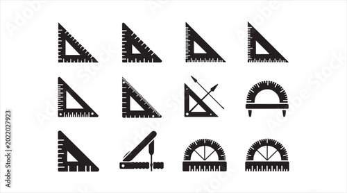 Geometry ruler and protractor silhouette icon set