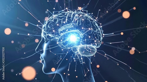 Digital human head profile with glowing brain and interconnected data points on a dark blue background