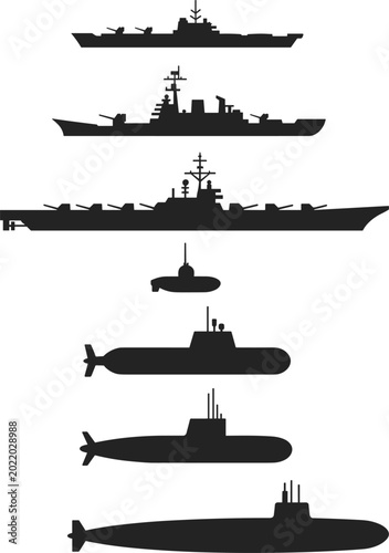 Quadro su tela Black silhouettes of naval warships and submarines, aircraft carrier, destroyer,