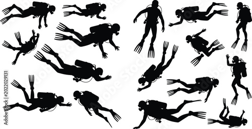Bild auf Leinwand Black silhouettes of scuba divers swimming, diving, ascending, descending, under
