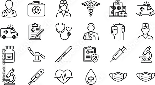 фотографія Medical and Healthcare Icon Set Featuring Doctors, Nurses, Hospitals, Ambulance