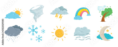Cuadro en lienzo Flat vector illustration set of various weather conditions and meteorological