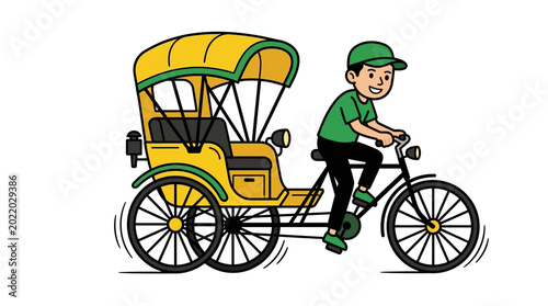 A friendly driver pedaling a traditional yellow cycle rickshaw illustration.