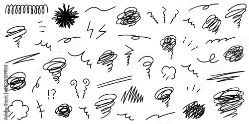 手書きの飾りイラストのベクターイラストセット。手描き、集中線、モヤモヤ、注目、落書き