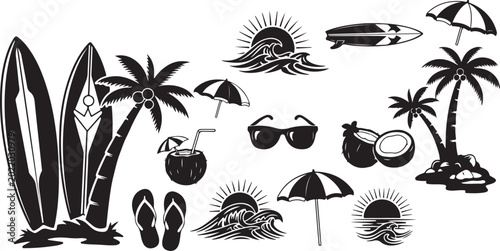Black and white beach vacation icons and symbols