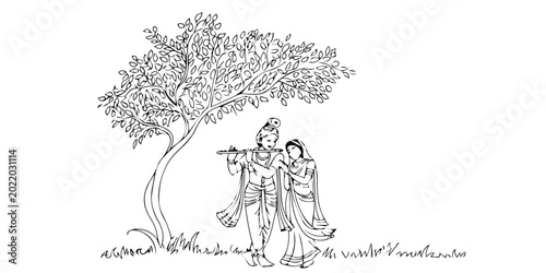 Foto Radha Krishna continuous line art, divine Hindu couple under tree with flute, minimalist spiritual wedding romantic spiritual,  modern wall decor and branding, Lord krishna and radha under a tree on
