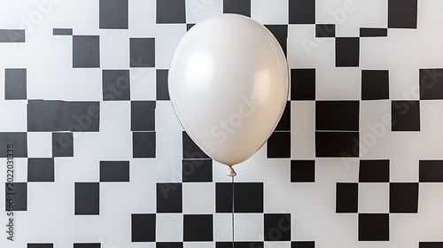 Single white balloon floats against checkered background symbolizing solitude and simplicity