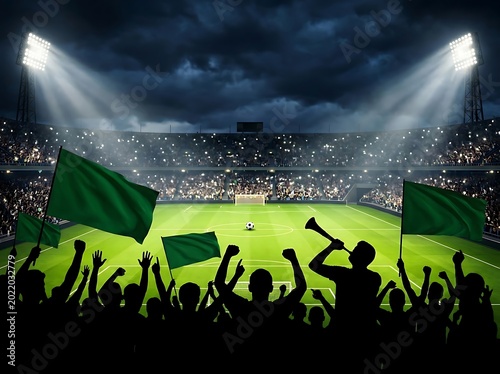 Silhouetted crowd cheering at a nighttime soccer stadium with green flags