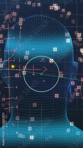 Vertical video: Dotted head rotating as scan band sweeping, pulses tracking markers for facial scan