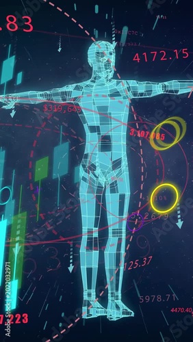 Vertical video: Camera orbiting cyan wireframe model, HUD elements animating to show market data