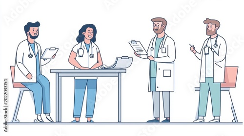 Four doctors in a meeting discussing patient health records and treatment plans.