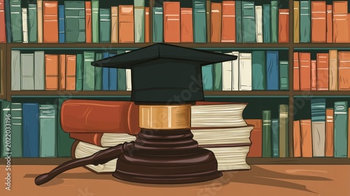 Gavel with graduation cap on books in library.