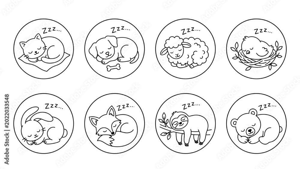 Fototapeta premium Sleeping Animals Vector Icon Collection – Cute Minimal Thin Line Baby Cat Dog Rabbit Fox Bear Sloth Bird Sheep Illustrations