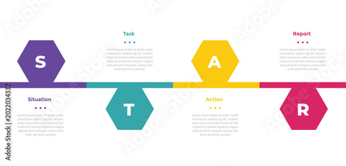 star method technique infographics template diagram with hexagon horizontal line up and down with 4 point step design for slide presentation