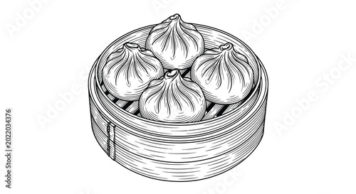 Canvas Print Xialongbao in bamboo steamer vintage engraving style illustration