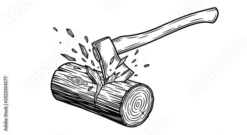 Canvastavla Wood chopping illustration axe splitting log black and white sketch