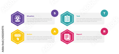 star method technique infographics template diagram with hexagon rectangle circle badge edge with 4 point step design for slide presentation