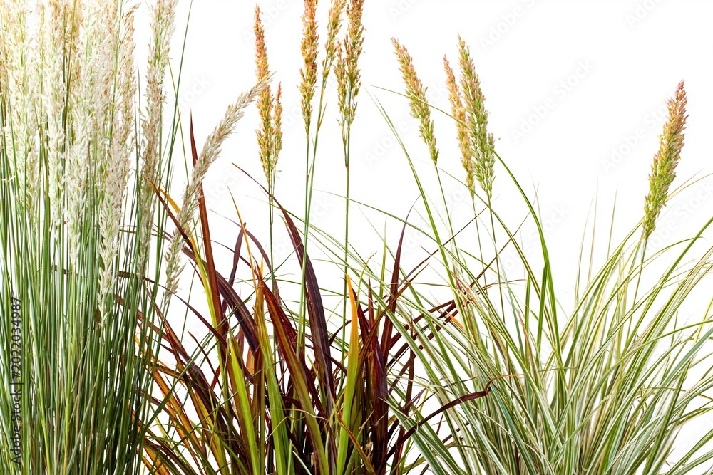 Fototapeta premium Collection of ornamental grasses with diverse textures and colors in a studio setting