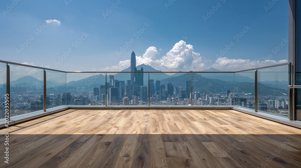 Fototapeta premium Spacious modern balcony with wooden floor overlooking a sprawling cityscape and distant mountains