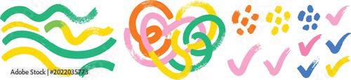 Collection colorful bold curved lines with loops isolated on white. Hand drawn bold grunge wavy and swirled brush strokes. Simple childish vector scribbles and squiggles. Creative trendy style design