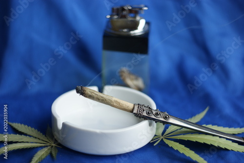 Schilderij op canvas silver mouthpiece and cannabis leaf