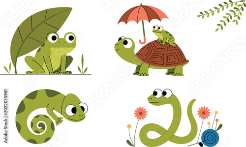 Obraz na plátně Cute green reptile and amphibian vector set with cartoon frog turtle lizard and