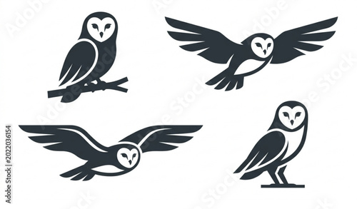 Photos Barn Owl Silhouette Vector Set Featuring Owls in Different Flying and Perching P